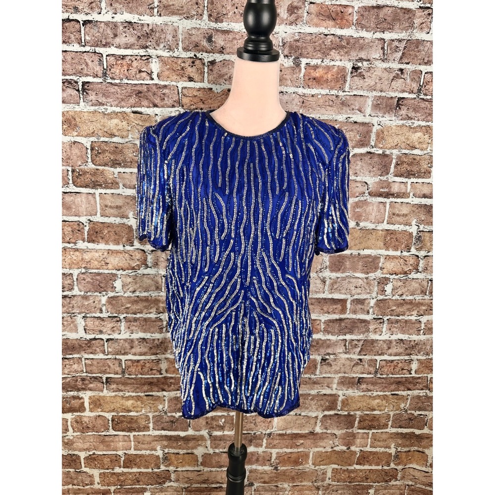 Jewel Queen Vintage Royal Blue Beaded Silk Sequin Evening Top Short Sleeve L - Picture 3 of 15